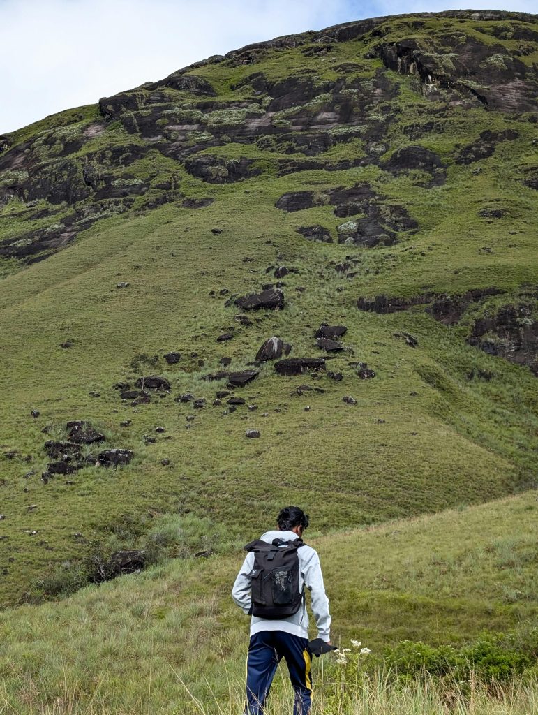 A lone hiker with a backpack walks through the lush green hills of Bogawantalawa, Central Province, Sri Lanka.