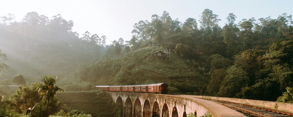 Scenic view of Nine Arches Bridge with train passing through lush greenery in Sri Lanka.